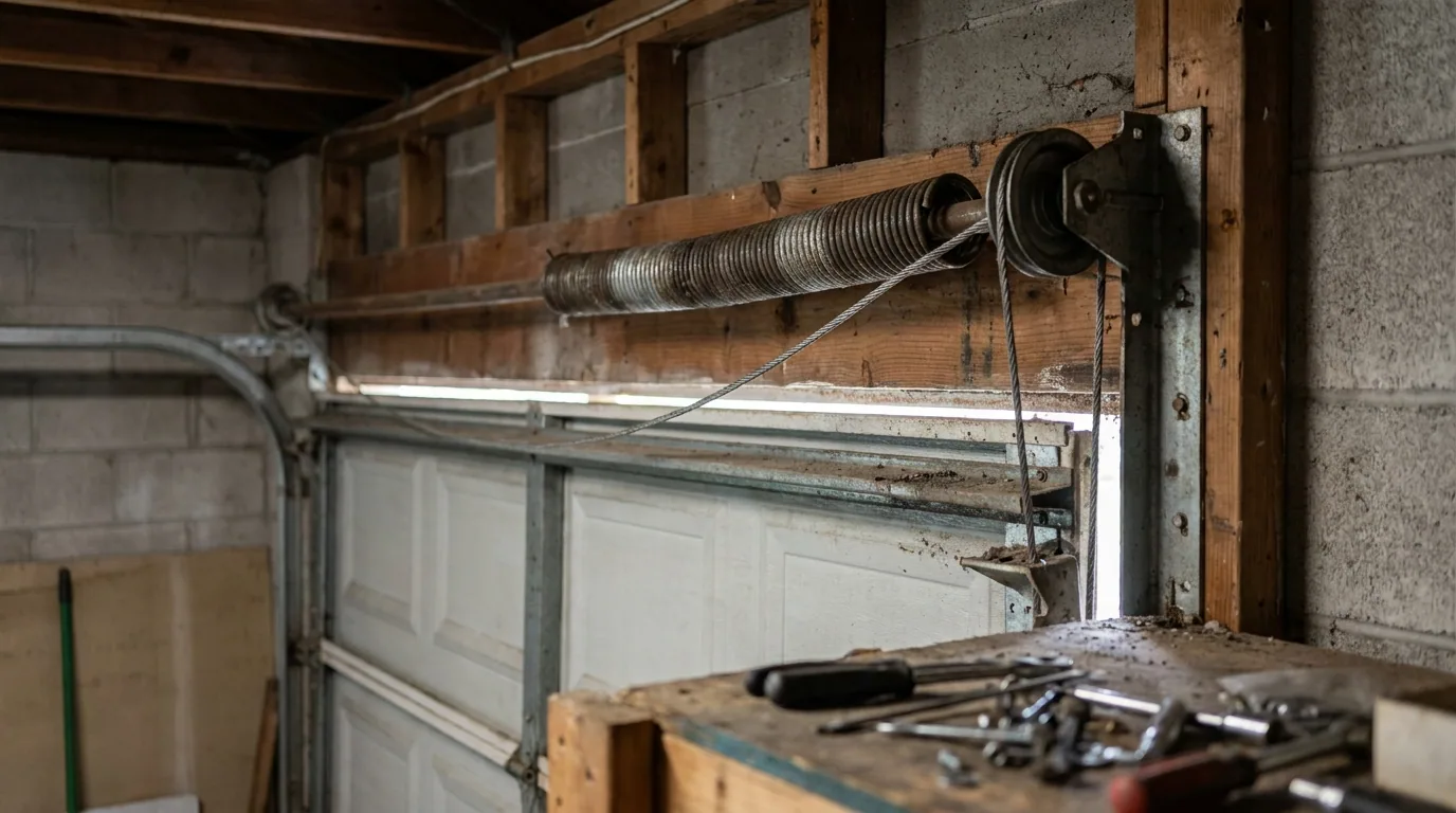 extension springs above the horizontal tracks of an older Florida garage door