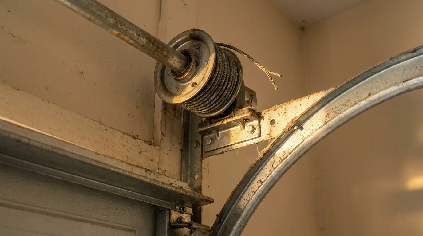 a frayed garage door lift cable at its drum